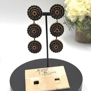 Mistar Bijoux Deadstock 3D Puff Three Drop Dangle Crystal Gold Clip on Earrings